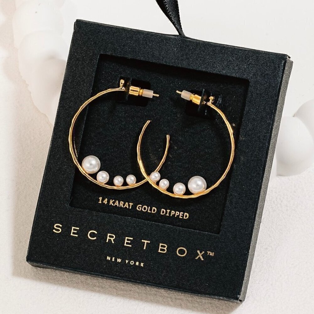 14k Gold Thin Pearl Hoop Earrings